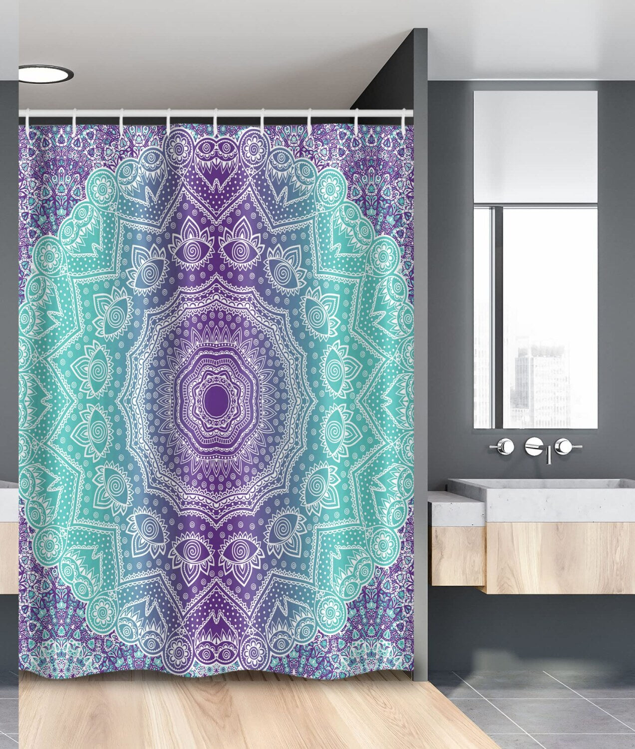 Purple and Turquoise Shower Curtain 54x78 with Hooks