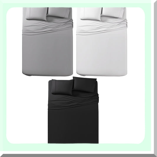 Luxury Microfiber Hotel Bedding Set - Queen Size 4 Piece Sheet Set with Deep Pocket, Fade Resistant, Soft Brushed Fabric - Black White Grey Palette