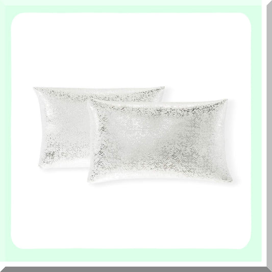 Sparkling Silver Soft Pillow Covers - Set of 2 Decorative Cushion Covers for Sofa, Bedroom, Car - 12 x 20 Inch White Throw Pillows