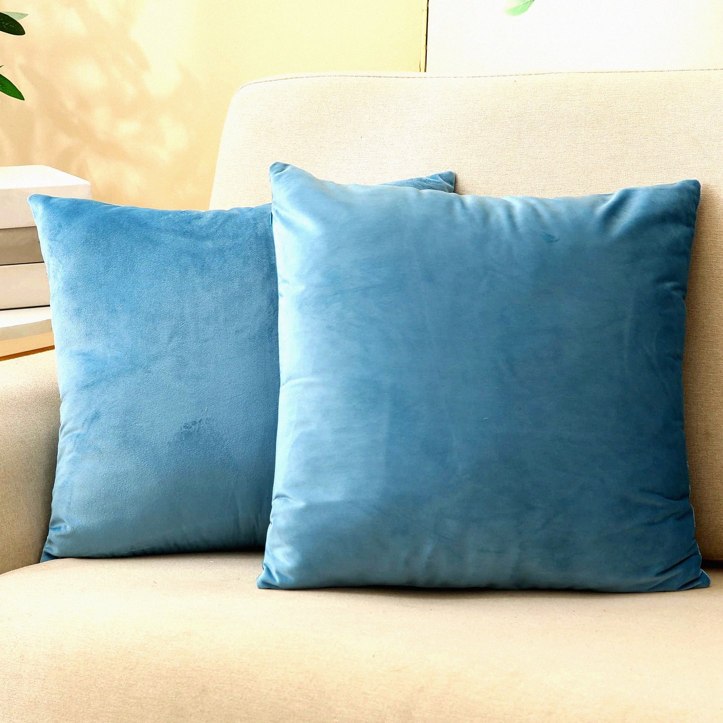 Luxury Blue Velvet Pillowcase Set - Soft Square Cushion Covers for Living Room & Bedroom Decor - Decorative Sofa Throw Pillow Covers 18x18 - Pack of 2
