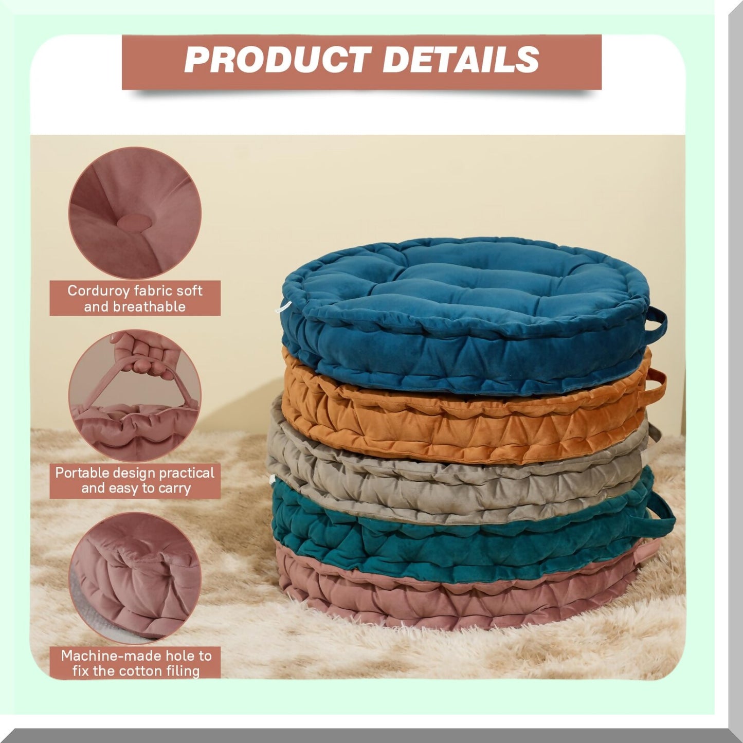 ZenComfort Round Meditation Cushion - Large Floor Seat Pillow for Adults. Solid & Thick Seating for Yoga, Balcony, Living Room, Tatami & Outdoor Use. 23.6inch with Handle.