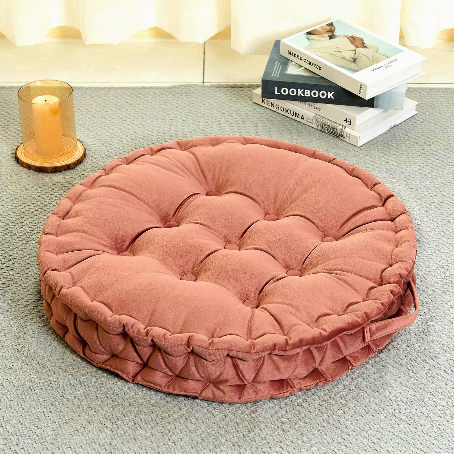 ZenComfort Round Meditation Cushion - Large Floor Seat Pillow for Adults. Solid & Thick Seating for Yoga, Balcony, Living Room, Tatami & Outdoor Use. 23.6inch with Handle.