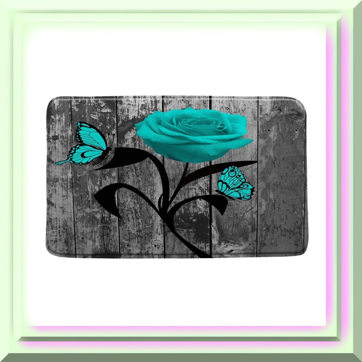 Farmhouse Flower Bath Mat Teal Rose Gray Butterfly 17.7" x 29.5"