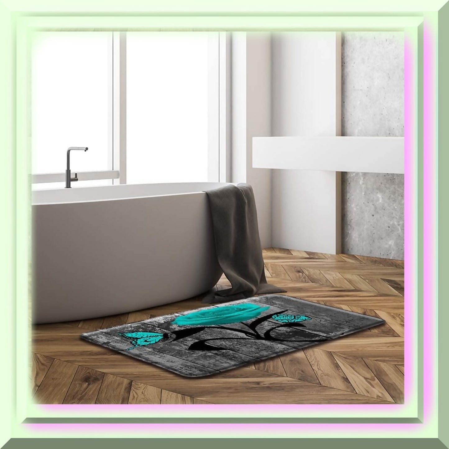 Farmhouse Flower Bath Mat Teal Rose Gray Butterfly 17.7" x 29.5"