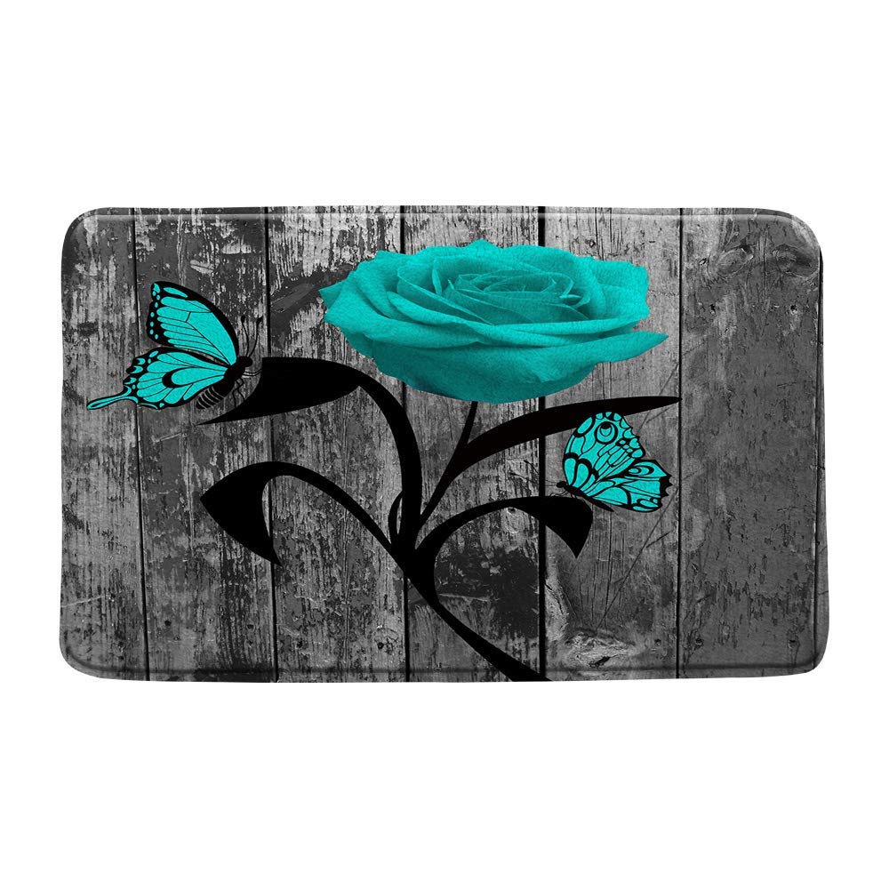 Farmhouse Flower Bath Mat Teal Rose Gray Butterfly 17.7" x 29.5"