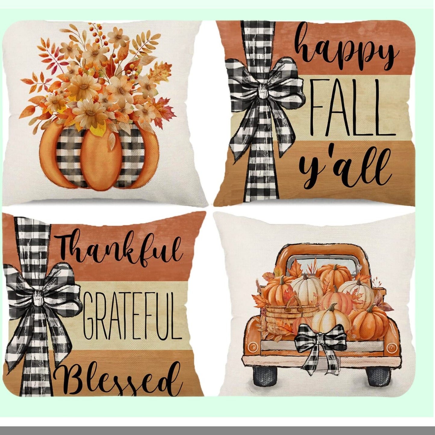 Autumn Harvest Pillow Set - Fall Pumpkin Truck Floral Decor - Thanksgiving Quotes Throw Pillows - Farmhouse Cushion Case - Thankful Grateful Blessed