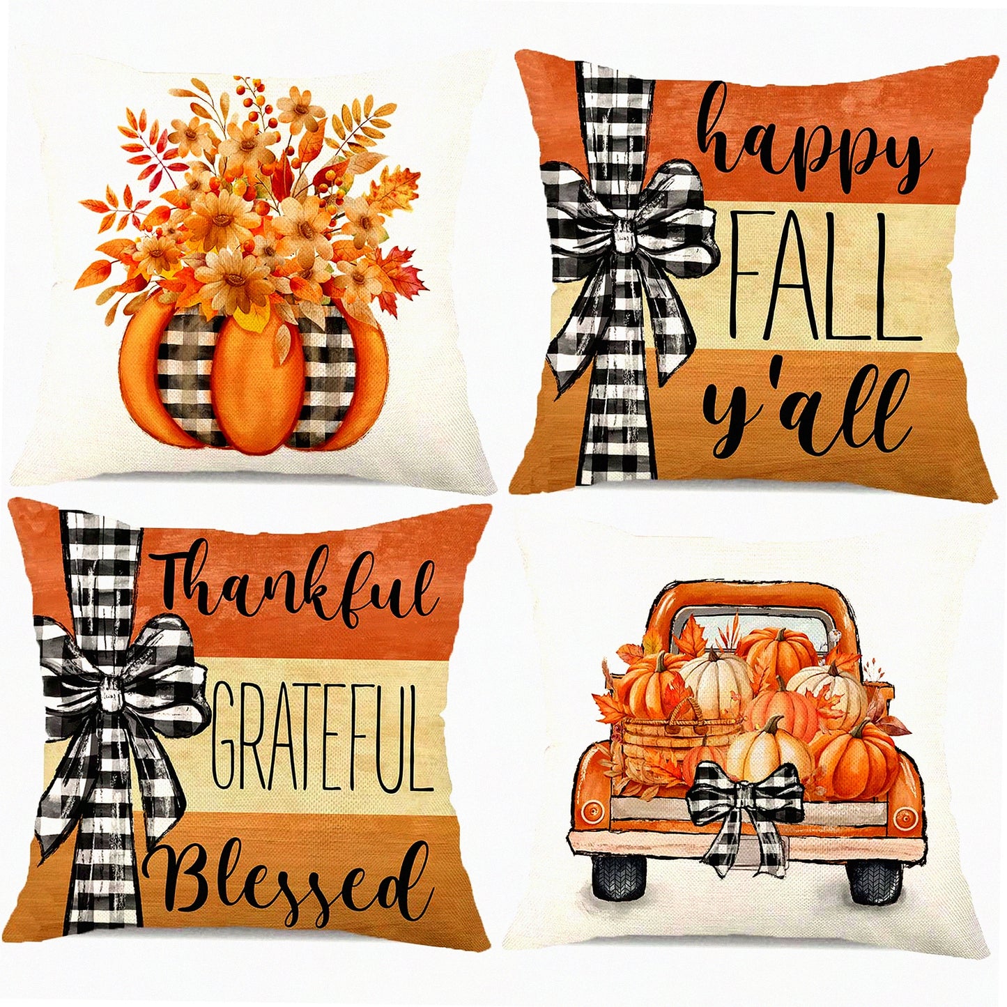 Autumn Harvest Pillow Set - Fall Pumpkin Truck Floral Decor - Thanksgiving Quotes Throw Pillows - Farmhouse Cushion Case - Thankful Grateful Blessed