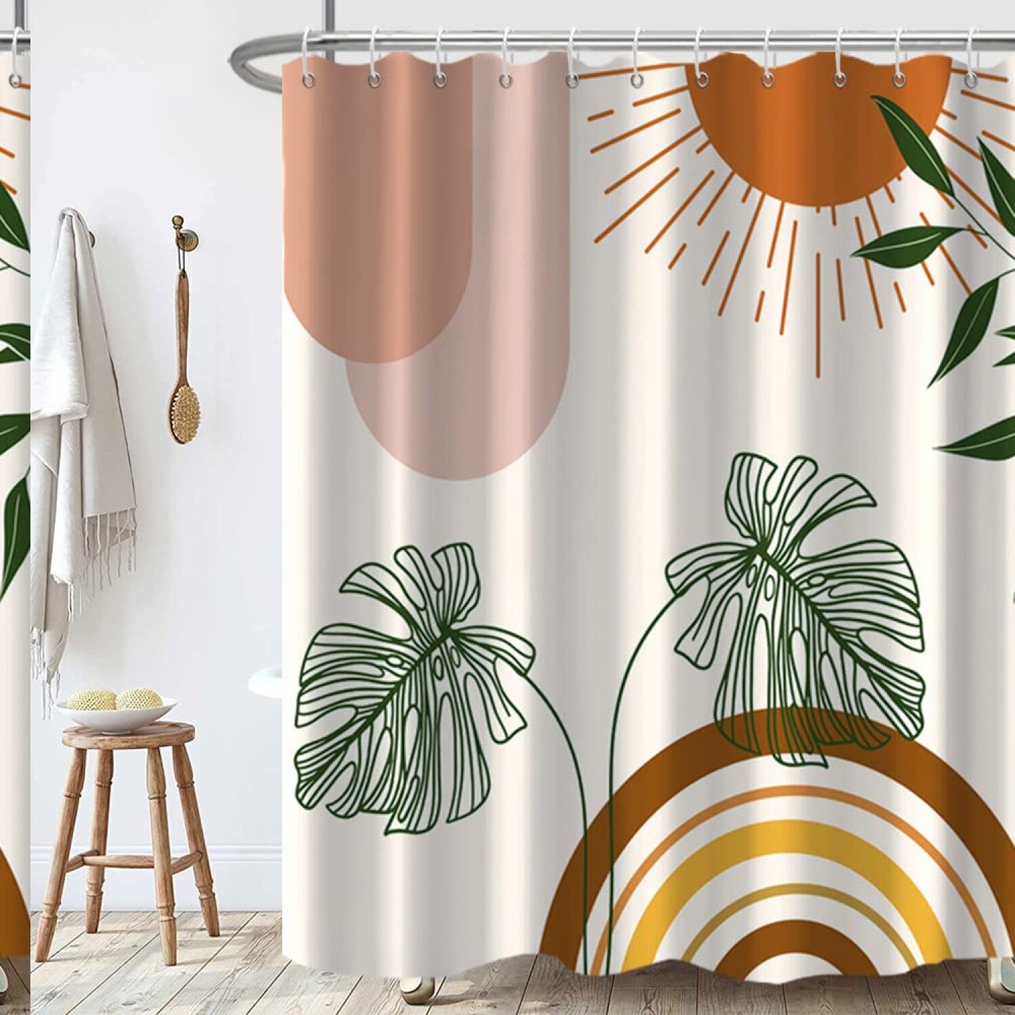 Mid Century Boho Shower Curtain 72x84 Inch Green Leaves