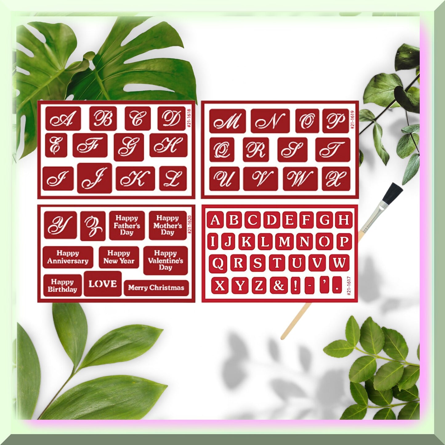 Glass Etching Stencil Kit with Brush, Script & Font, 4 Pieces