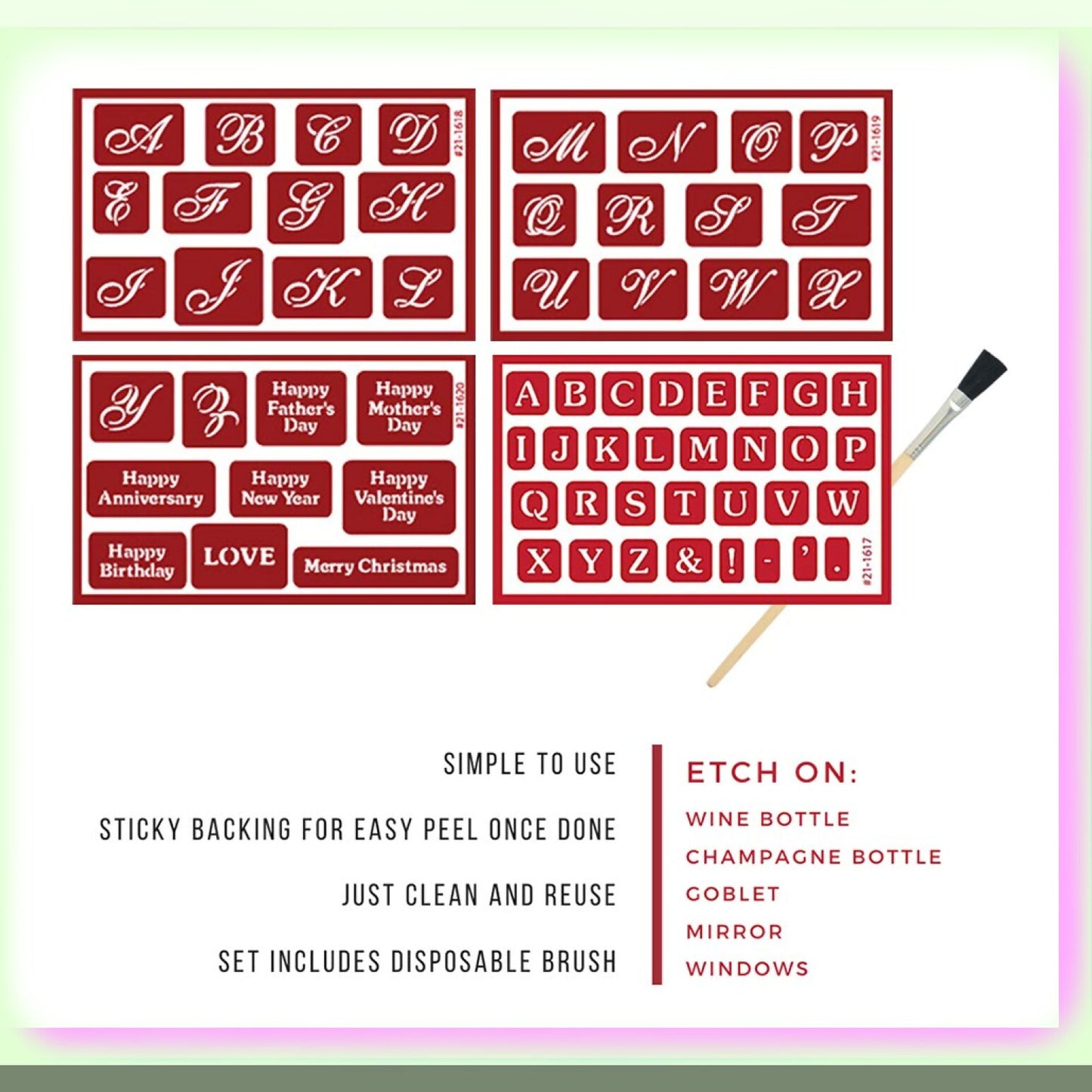 Glass Etching Stencil Kit with Brush, Script & Font, 4 Pieces
