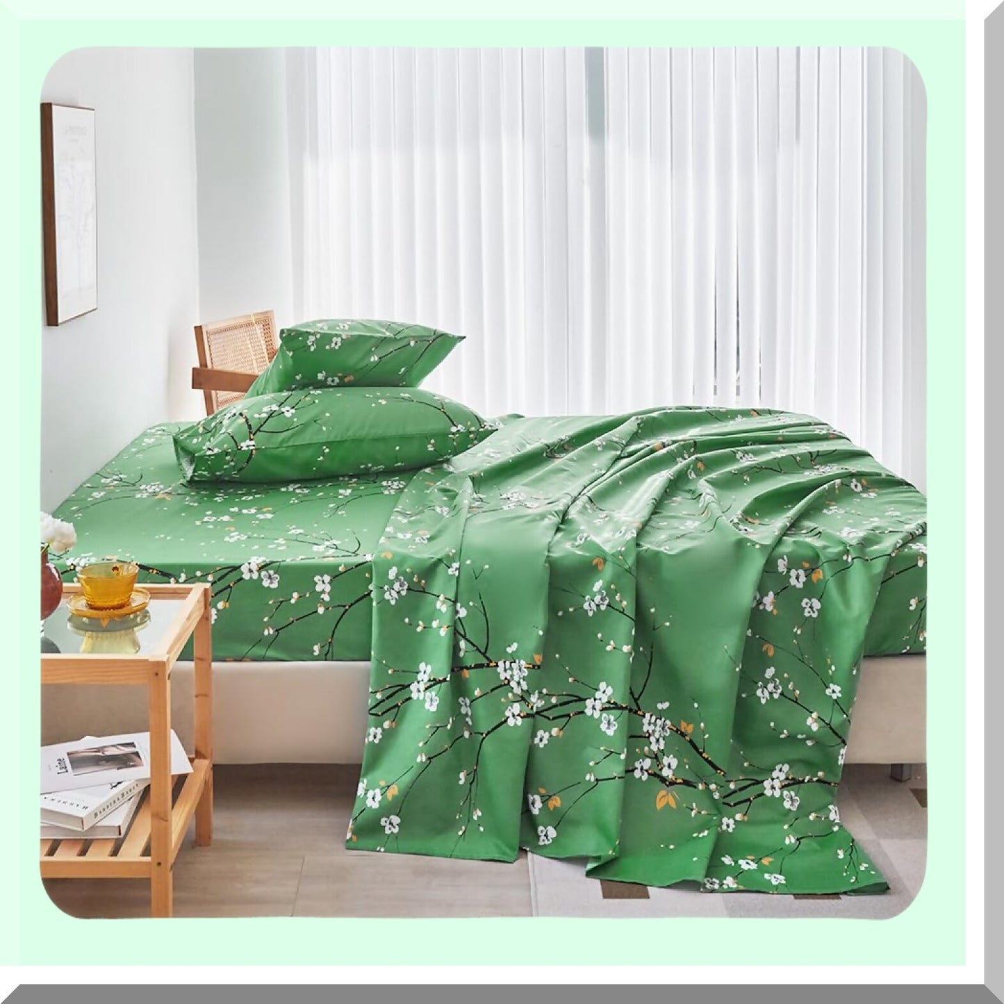 Floral Bliss Full Size Sheet Set - 4 Piece All Season Bedding with Pillowcases, Shabby Vintage Design for Women and Men - Green Flowers