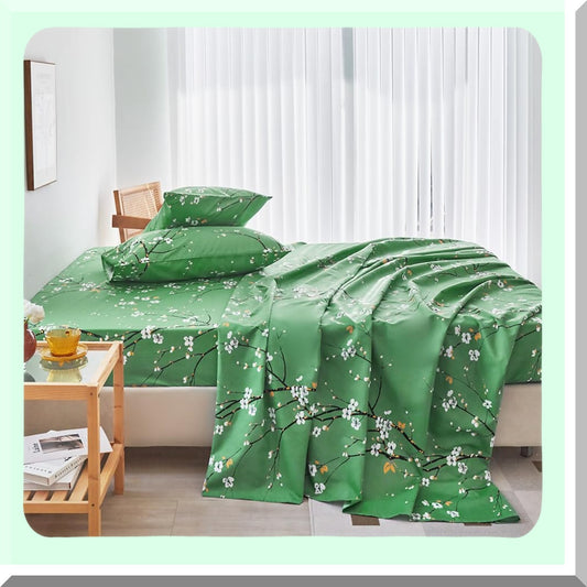 Floral Bliss Full Size Sheet Set - 4 Piece All Season Bedding with Pillowcases, Shabby Vintage Design for Women and Men - Green Flowers
