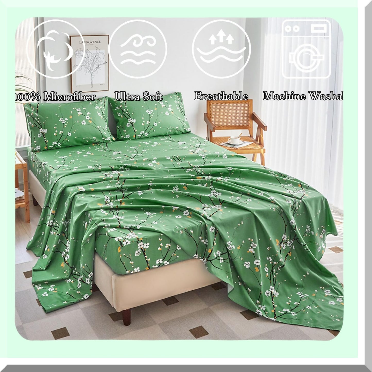 Floral Bliss Full Size Sheet Set - 4 Piece All Season Bedding with Pillowcases, Shabby Vintage Design for Women and Men - Green Flowers