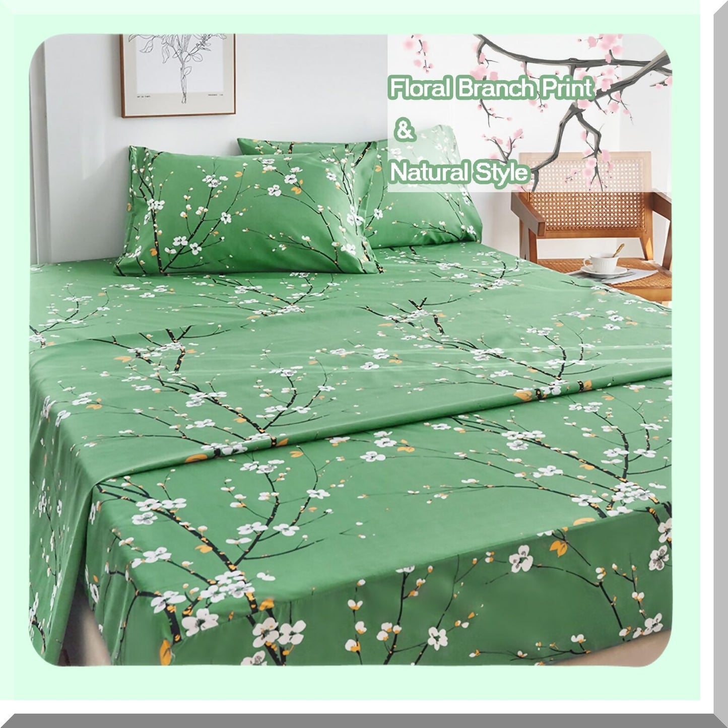 Floral Bliss Full Size Sheet Set - 4 Piece All Season Bedding with Pillowcases, Shabby Vintage Design for Women and Men - Green Flowers