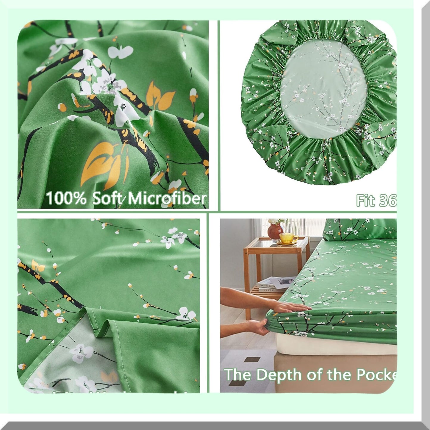Floral Bliss Full Size Sheet Set - 4 Piece All Season Bedding with Pillowcases, Shabby Vintage Design for Women and Men - Green Flowers