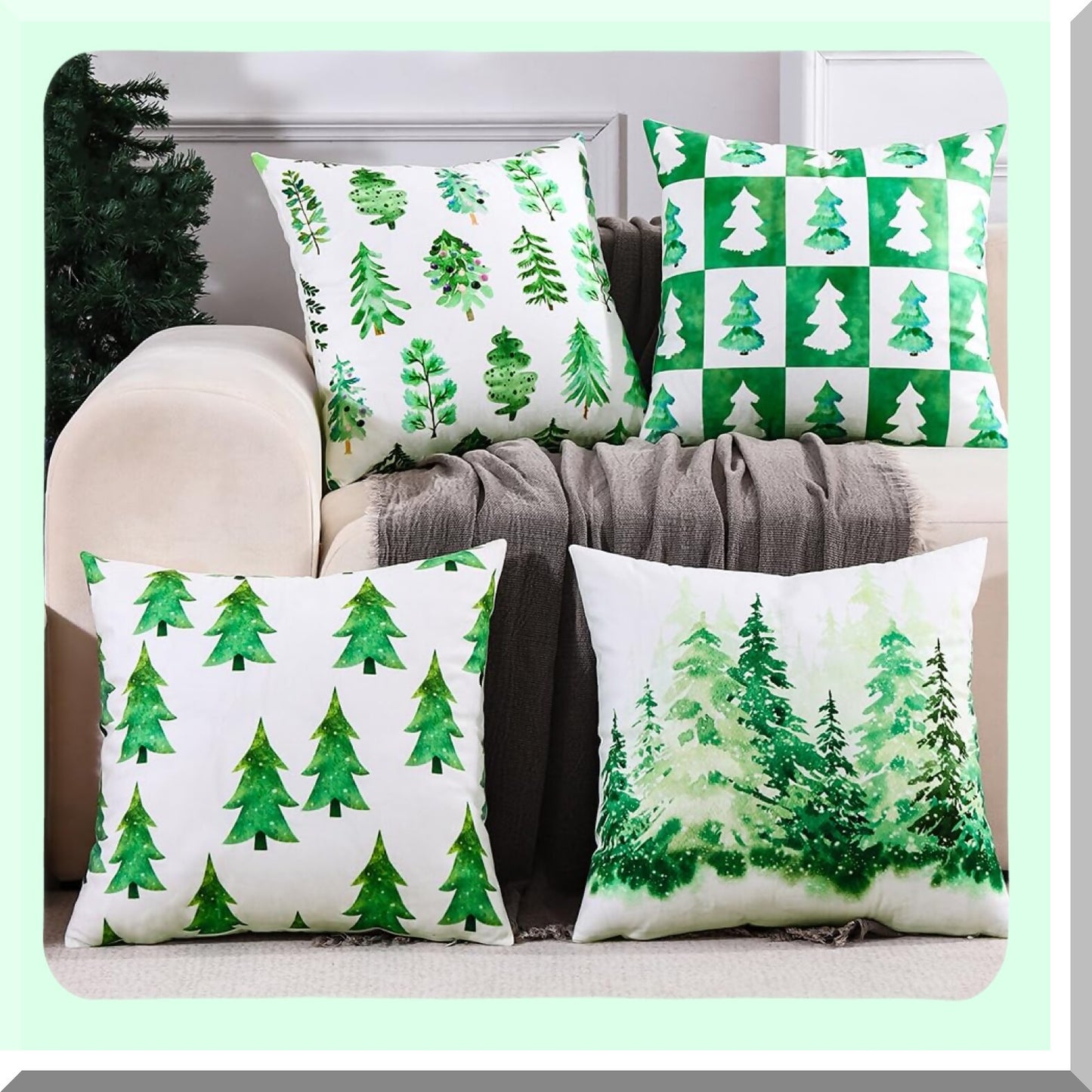 Green Velvet Emerald Tree Pillow Covers - Set of 4 18x18 Decorative Throw Pillow Covers for Living Room Couch and Sofa - No Inserts Included