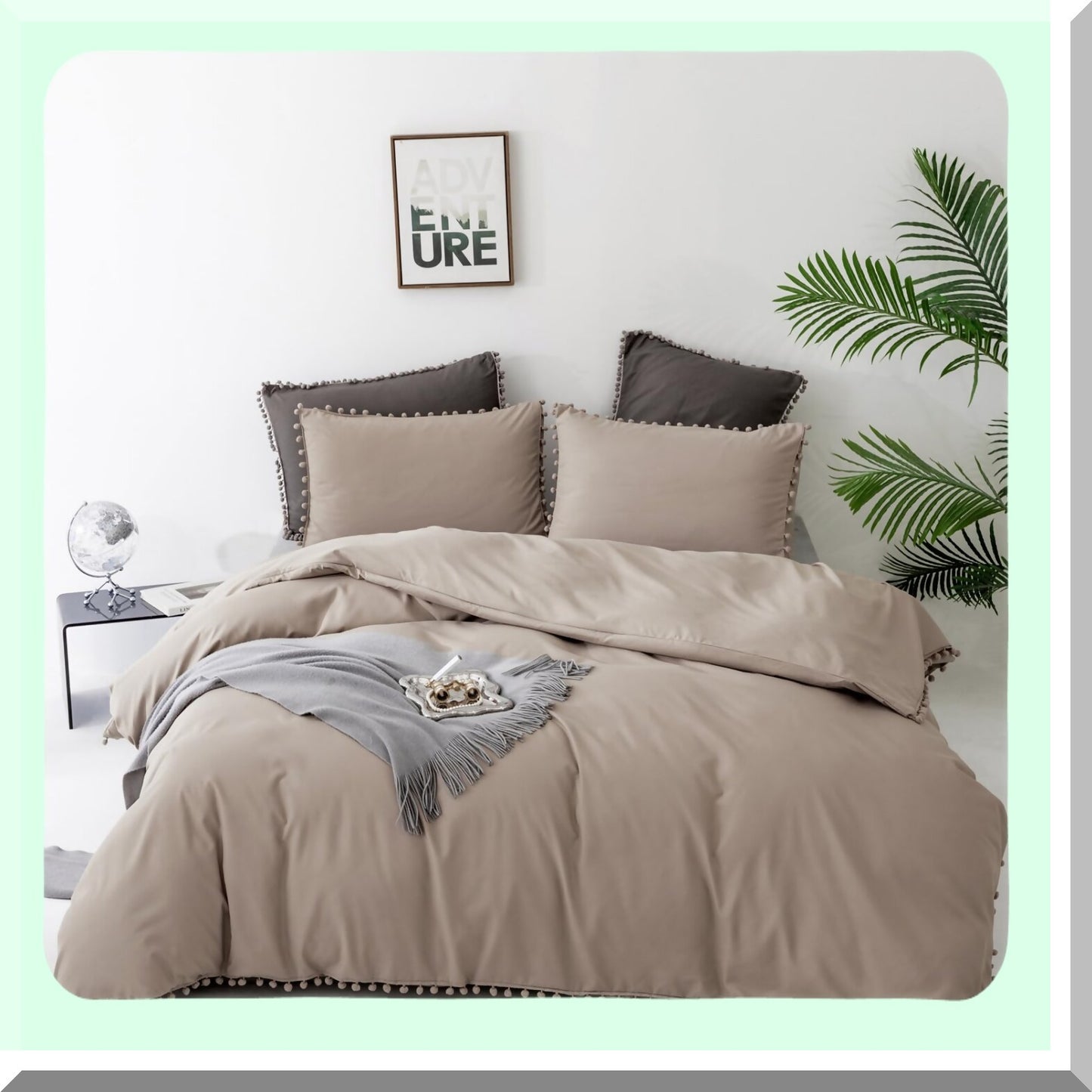 Boho Farmhouse Pom Pom Comforter Set - Soft Taupe Bedding Set with Oatmeal Aesthetic - Cozy 3 Piece Tan Coffee Comforter Set