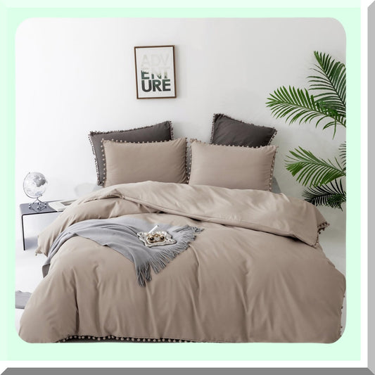 Boho Farmhouse Pom Pom Comforter Set - Soft Taupe Bedding Set with Oatmeal Aesthetic - Cozy 3 Piece Tan Coffee Comforter Set