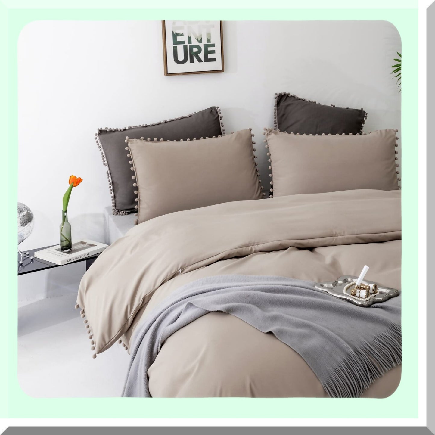 Boho Farmhouse Pom Pom Comforter Set - Soft Taupe Bedding Set with Oatmeal Aesthetic - Cozy 3 Piece Tan Coffee Comforter Set