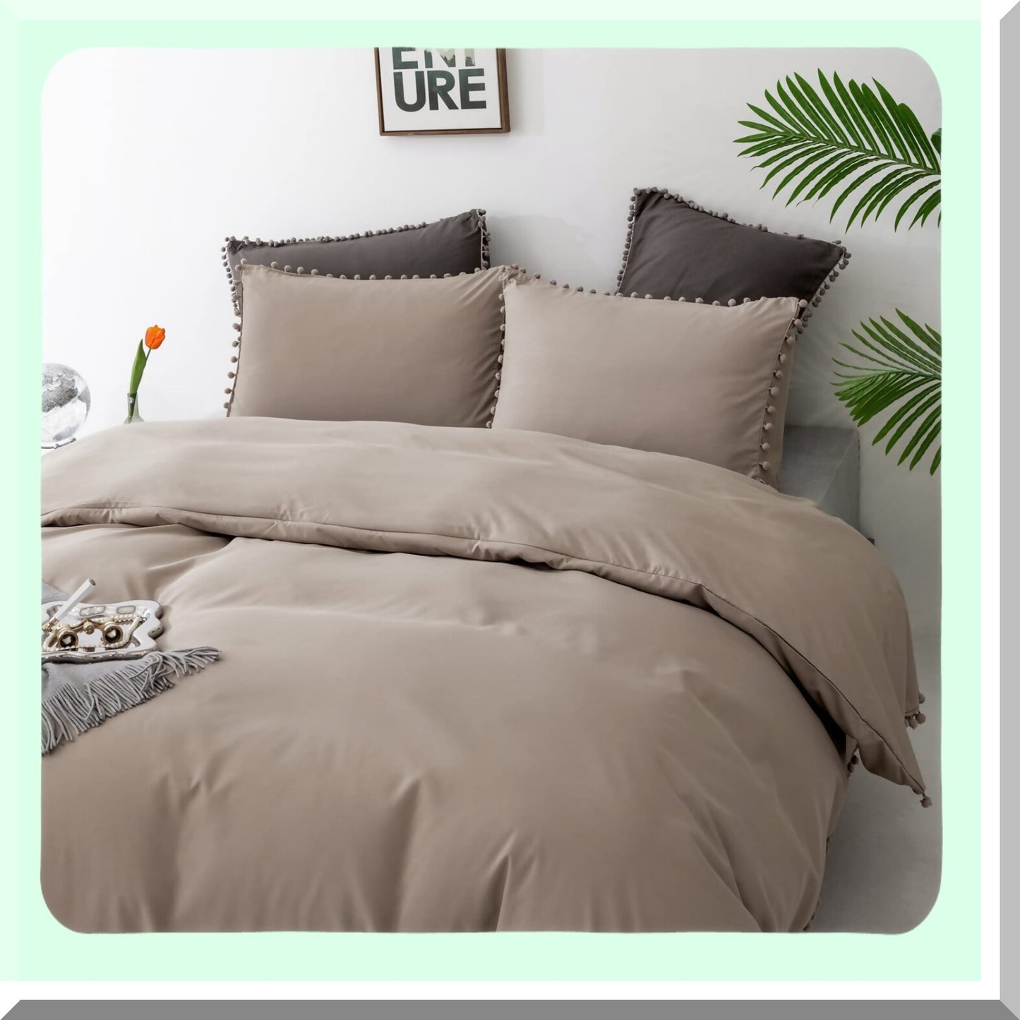 Boho Farmhouse Pom Pom Comforter Set - Soft Taupe Bedding Set with Oatmeal Aesthetic - Cozy 3 Piece Tan Coffee Comforter Set