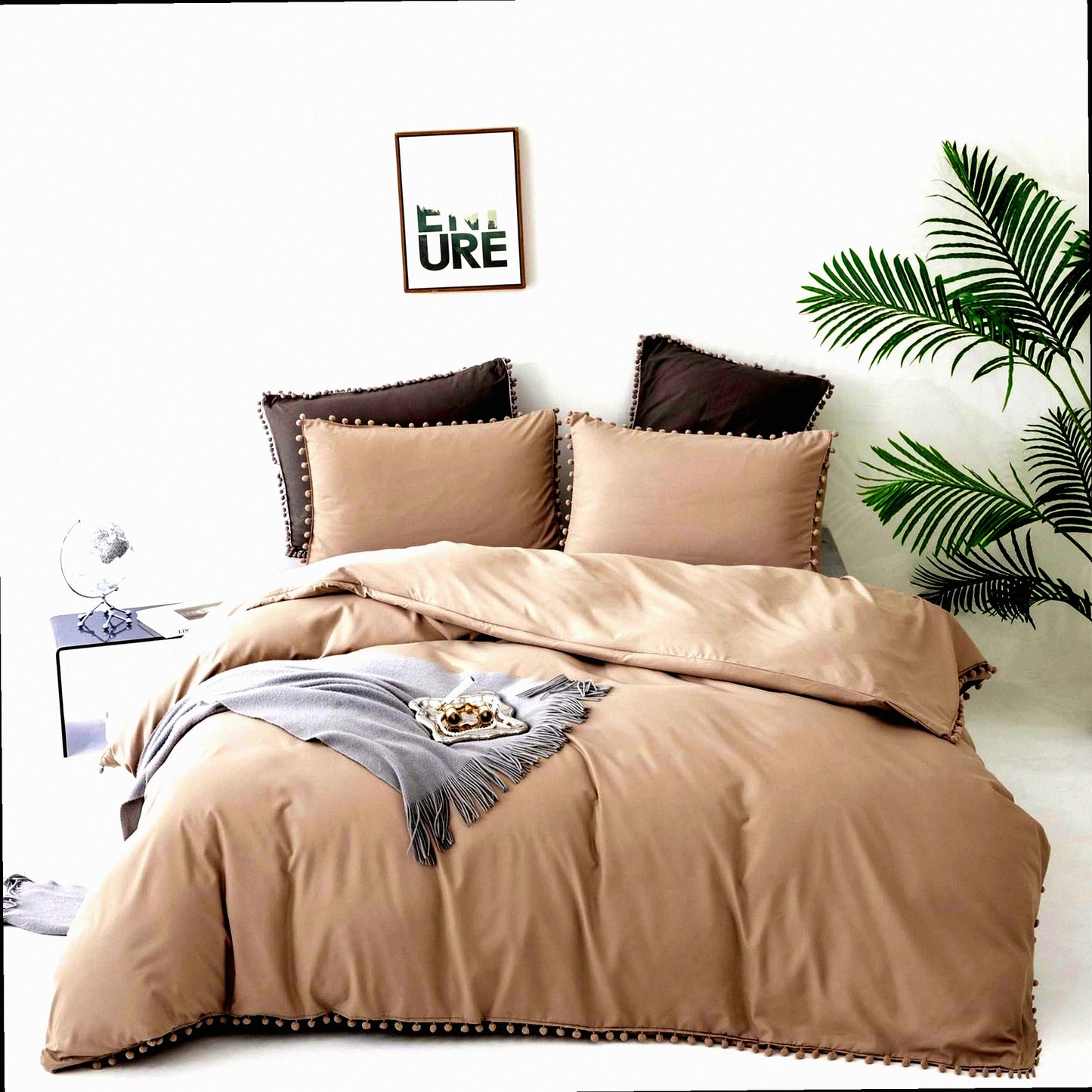 Boho Farmhouse Pom Pom Comforter Set - Soft Taupe Bedding Set with Oatmeal Aesthetic - Cozy 3 Piece Tan Coffee Comforter Set