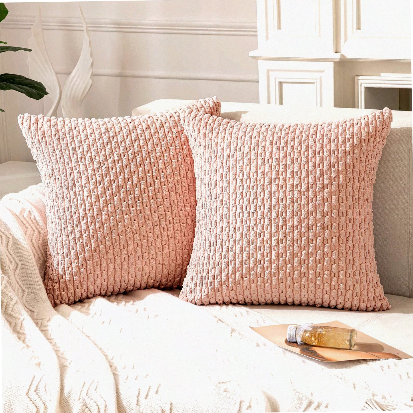Pink Spring Stripe Pillow Covers - Set of 2 | 18x18 Inch Decorative Cushion Covers for Couch, Bed, Living Room | Soft Square Throw Pillows for Rustic Farmhouse Home Decor