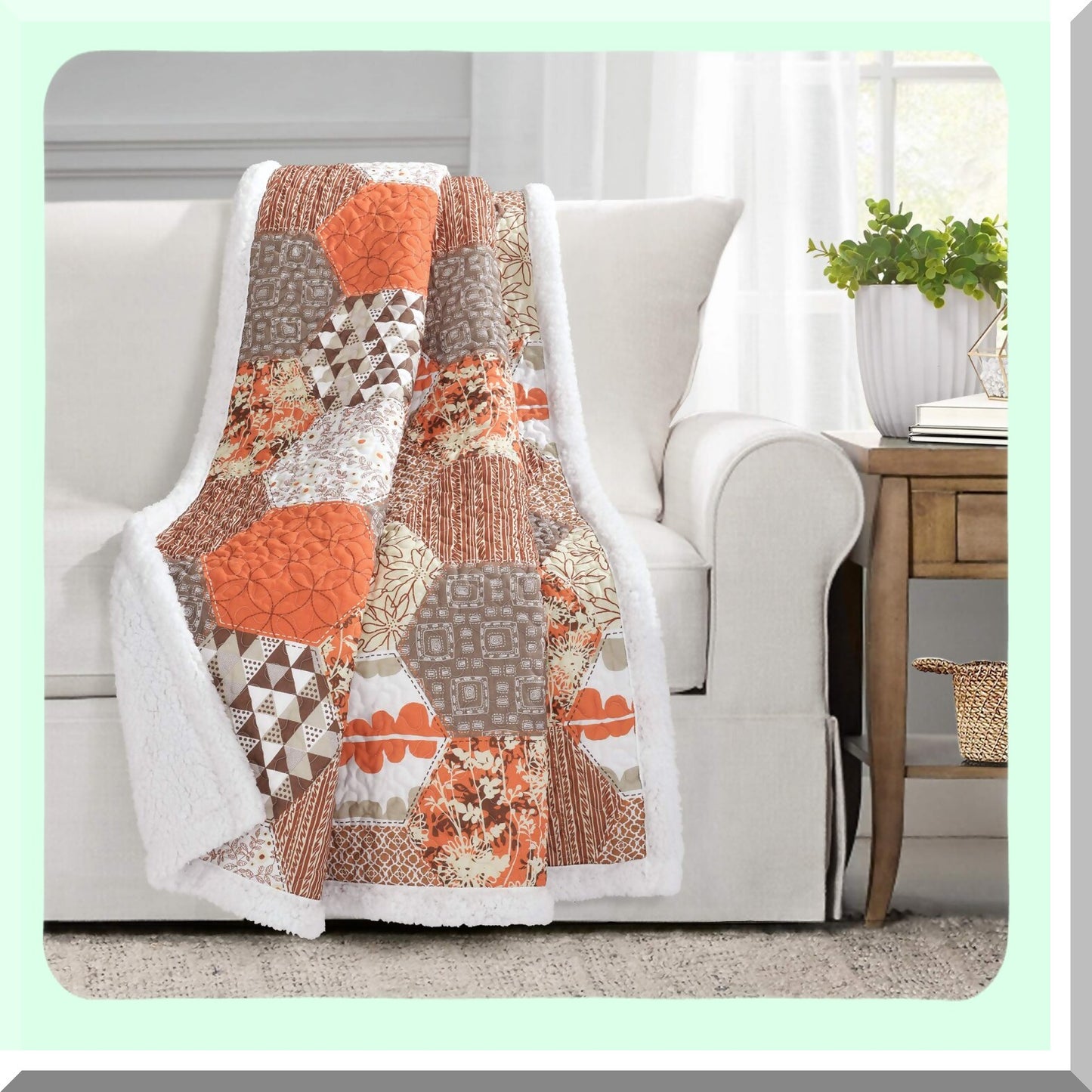HexaHarmony Reversible Throw - Vibrant Patchwork Blanket, Tangerine Bliss - 60 x 50"