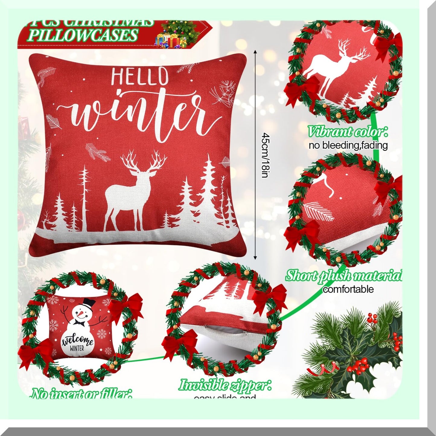 Holiday Tree Farmhouse Pillow Covers - Set of 12 Decorative Cushion Cases for Home Sofa Decorations, 18 x 18 Inch Square Throw Pillows