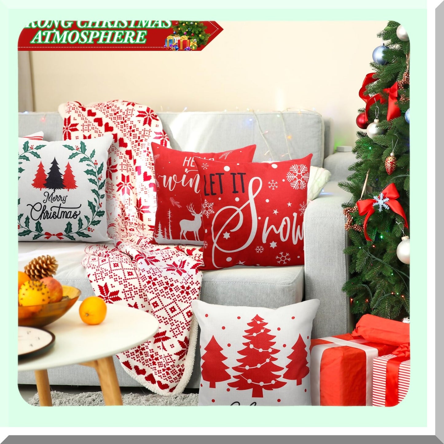 Holiday Tree Farmhouse Pillow Covers - Set of 12 Decorative Cushion Cases for Home Sofa Decorations, 18 x 18 Inch Square Throw Pillows