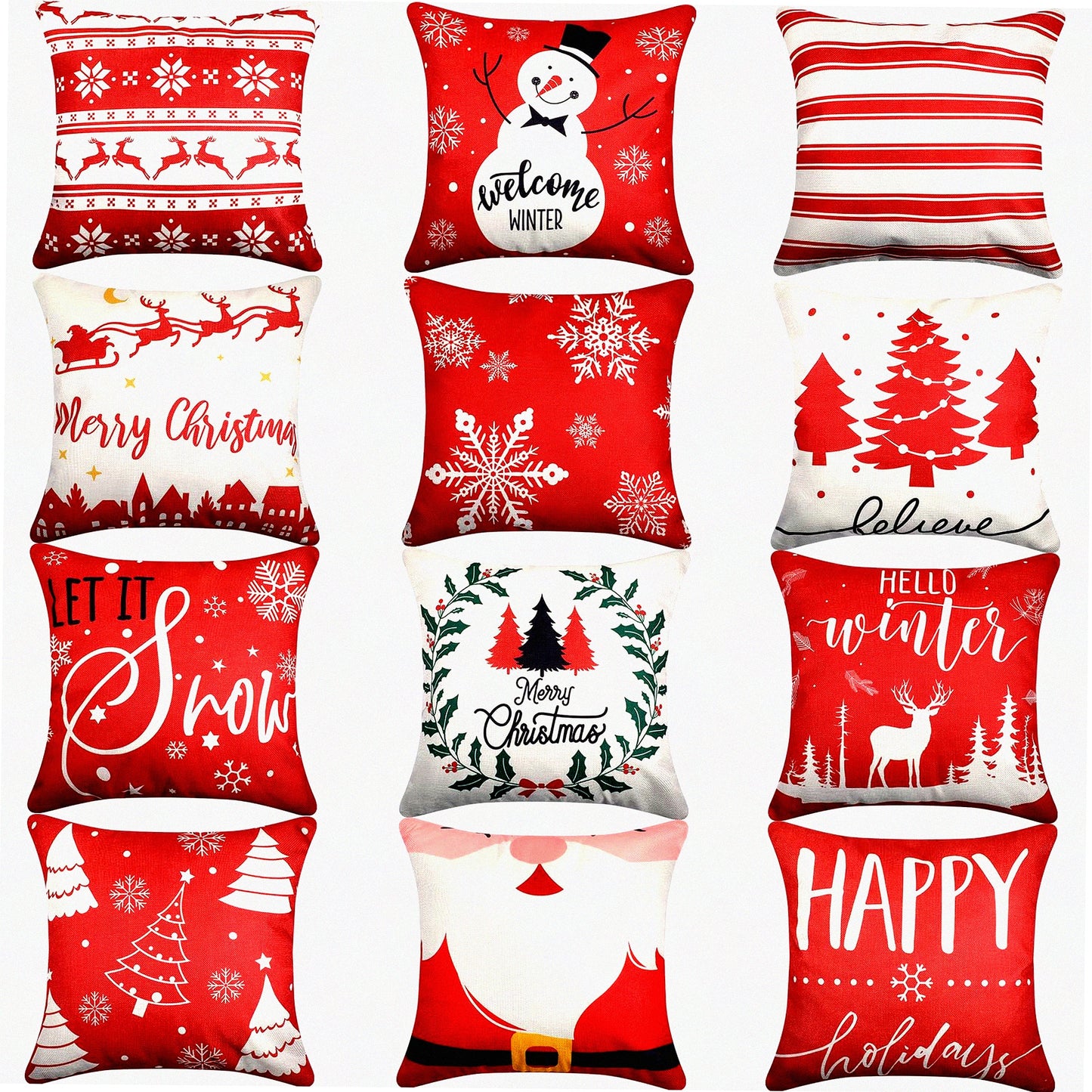 Holiday Tree Farmhouse Pillow Covers - Set of 12 Decorative Cushion Cases for Home Sofa Decorations, 18 x 18 Inch Square Throw Pillows