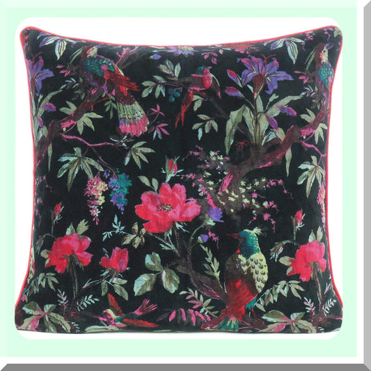 Boho Bird Print Velvet Cushion Cover - Colorful Floral Accent Throw Pillow Case for Sofa Couch - Bohemian Living Room Decor - 16x16 Inch Black