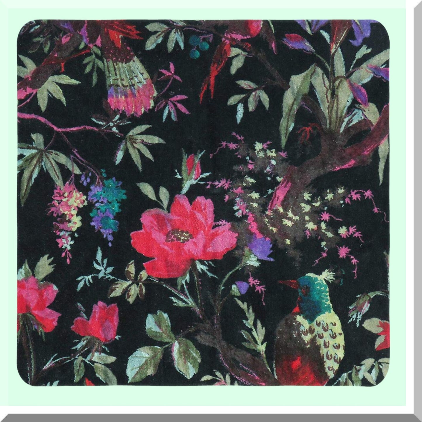 Boho Bird Print Velvet Cushion Cover - Colorful Floral Accent Throw Pillow Case for Sofa Couch - Bohemian Living Room Decor - 16x16 Inch Black