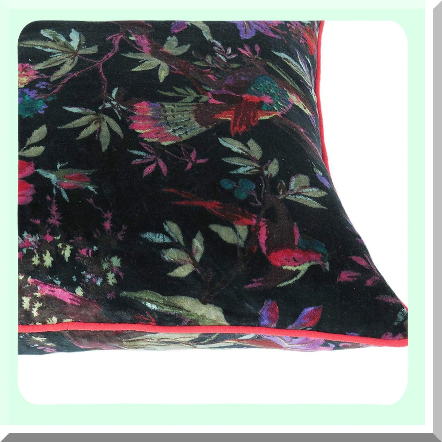 Boho Bird Print Velvet Cushion Cover - Colorful Floral Accent Throw Pillow Case for Sofa Couch - Bohemian Living Room Decor - 16x16 Inch Black