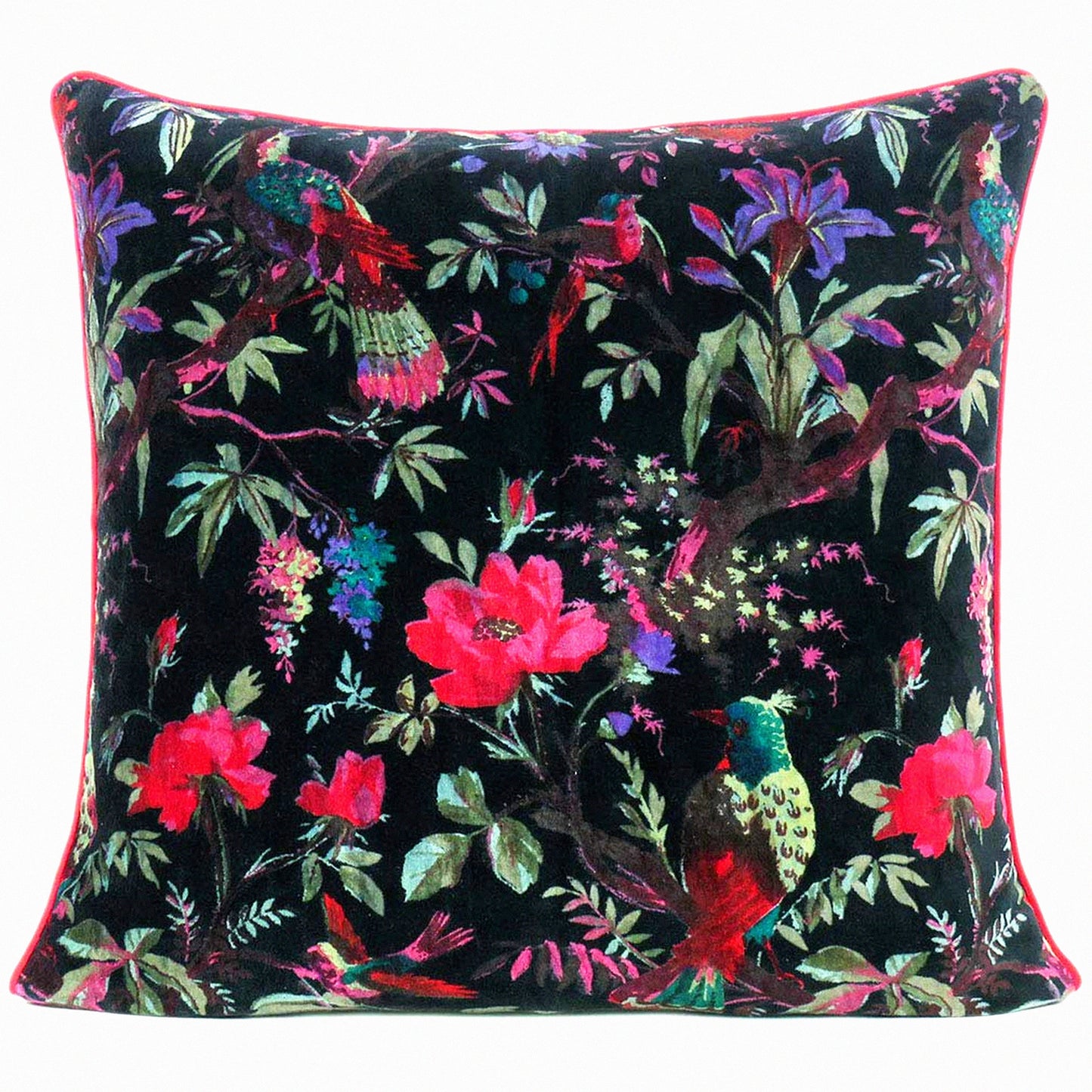 Boho Bird Print Velvet Cushion Cover - Colorful Floral Accent Throw Pillow Case for Sofa Couch - Bohemian Living Room Decor - 16x16 Inch Black