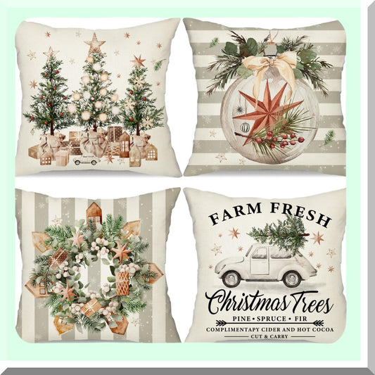 Winter Farmhouse Truck Pillow Covers - Set of 4 Decorative Throw Pillow Covers 18x18 inch with Wreath Tree Design for Christmas Decorations. Perfect for Home Couch during the Holiday Season.