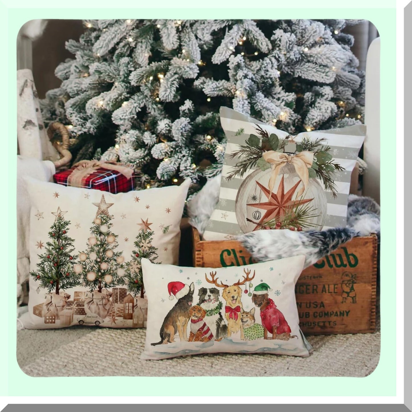 Winter Farmhouse Truck Pillow Covers - Set of 4 Decorative Throw Pillow Covers 18x18 inch with Wreath Tree Design for Christmas Decorations. Perfect for Home Couch during the Holiday Season.