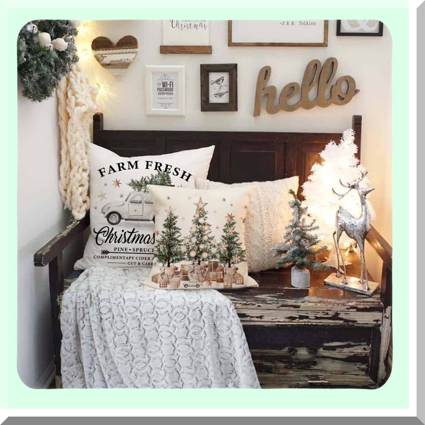 Winter Farmhouse Truck Pillow Covers - Set of 4 Decorative Throw Pillow Covers 18x18 inch with Wreath Tree Design for Christmas Decorations. Perfect for Home Couch during the Holiday Season.