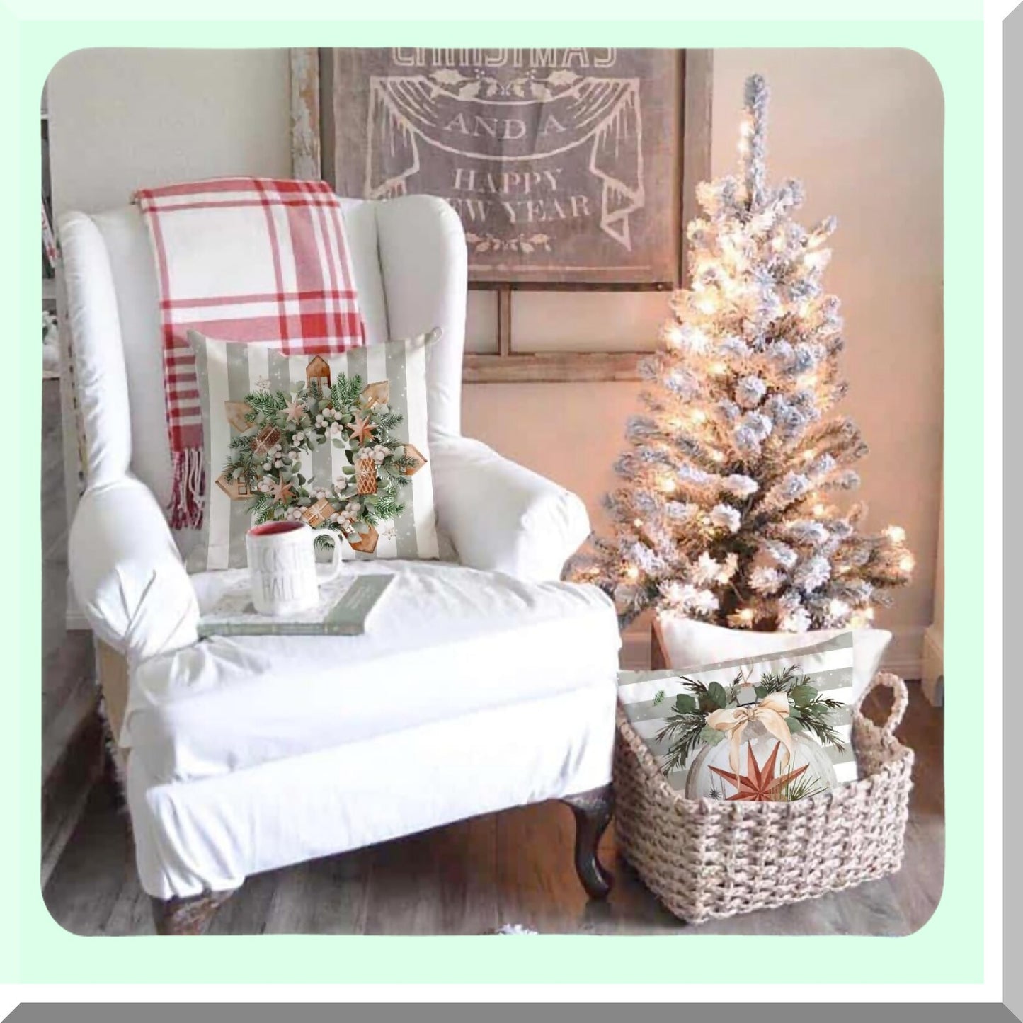 Winter Farmhouse Truck Pillow Covers - Set of 4 Decorative Throw Pillow Covers 18x18 inch with Wreath Tree Design for Christmas Decorations. Perfect for Home Couch during the Holiday Season.