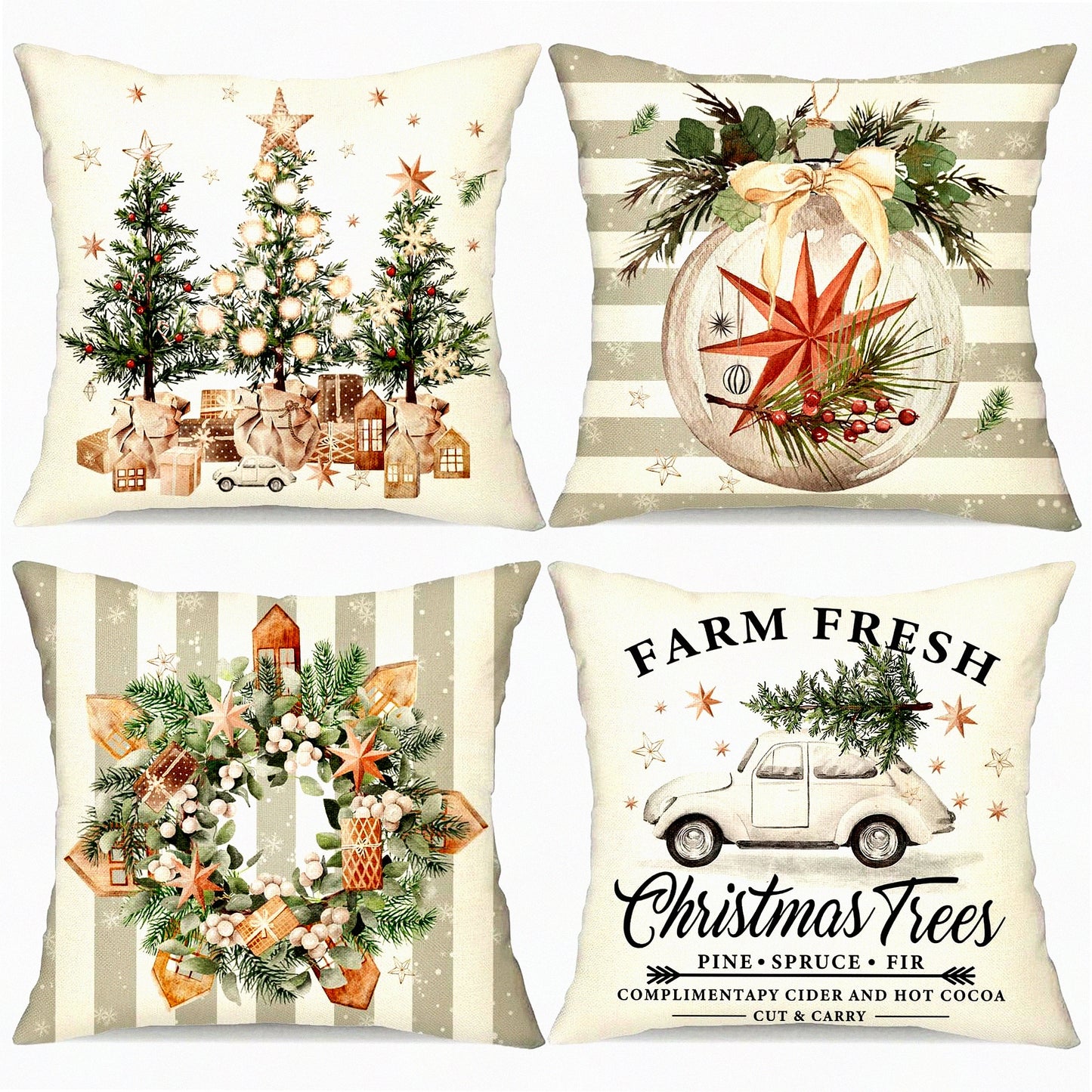 Winter Farmhouse Truck Pillow Covers - Set of 4 Decorative Throw Pillow Covers 18x18 inch with Wreath Tree Design for Christmas Decorations. Perfect for Home Couch during the Holiday Season.