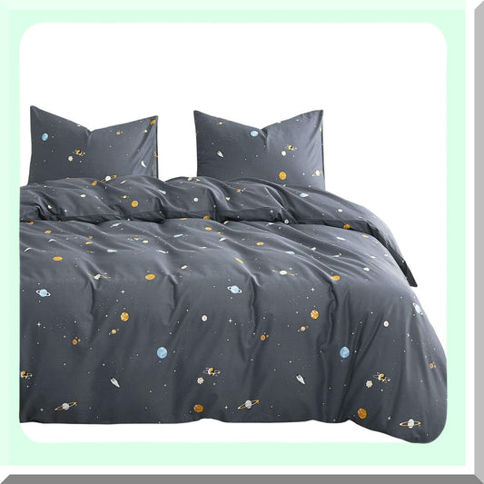 Starlight Gray Cotton Comforter Set - 3 Piece Lightweight Bedding for Men and Women. Cute Neutral Space Star Design. Size: Queen.