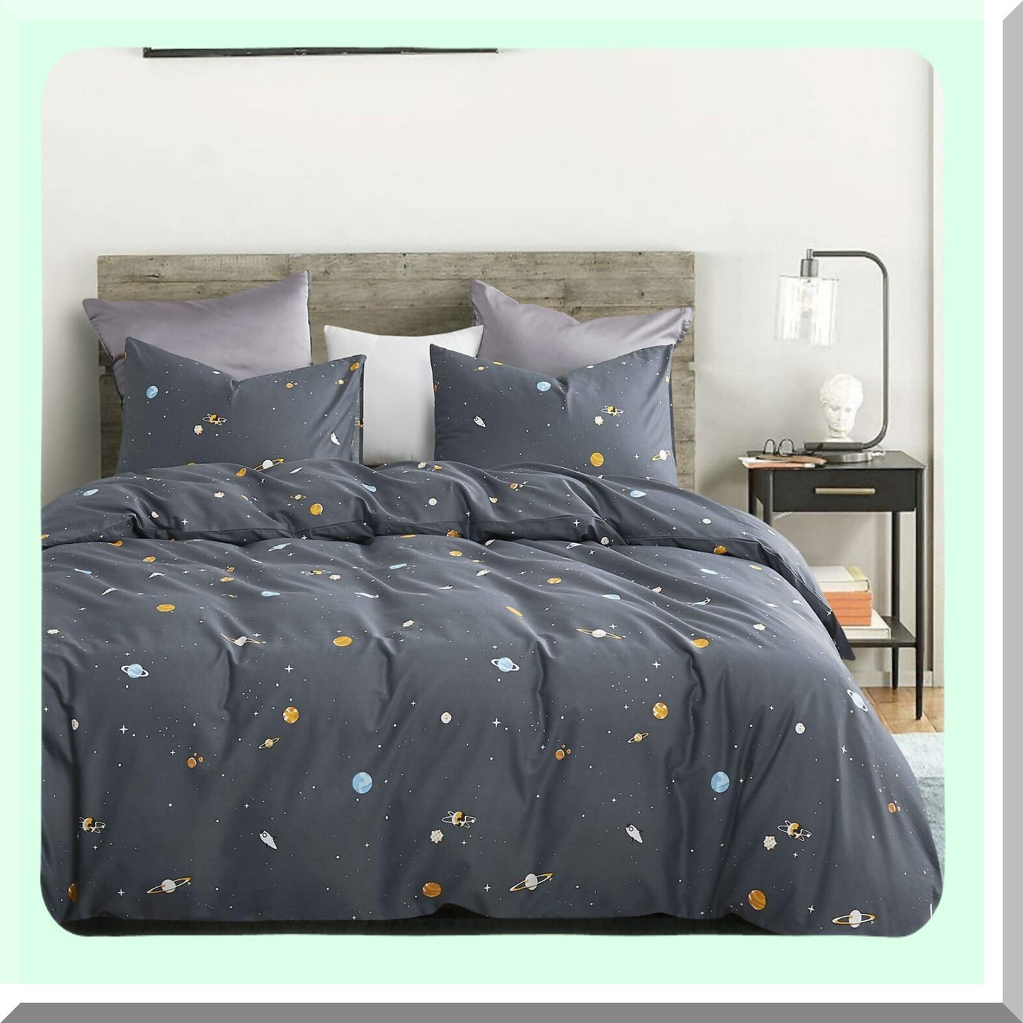 Starlight Gray Cotton Comforter Set - 3 Piece Lightweight Bedding for Men and Women. Cute Neutral Space Star Design. Size: Queen.
