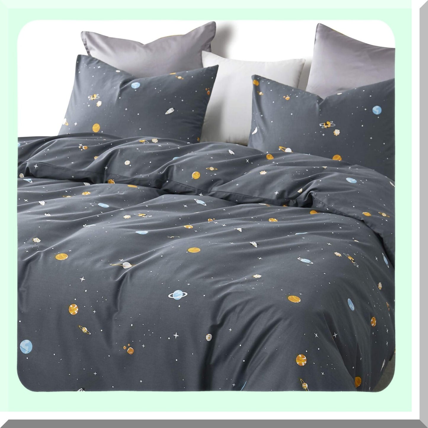 Starlight Gray Cotton Comforter Set - 3 Piece Lightweight Bedding for Men and Women. Cute Neutral Space Star Design. Size: Queen.