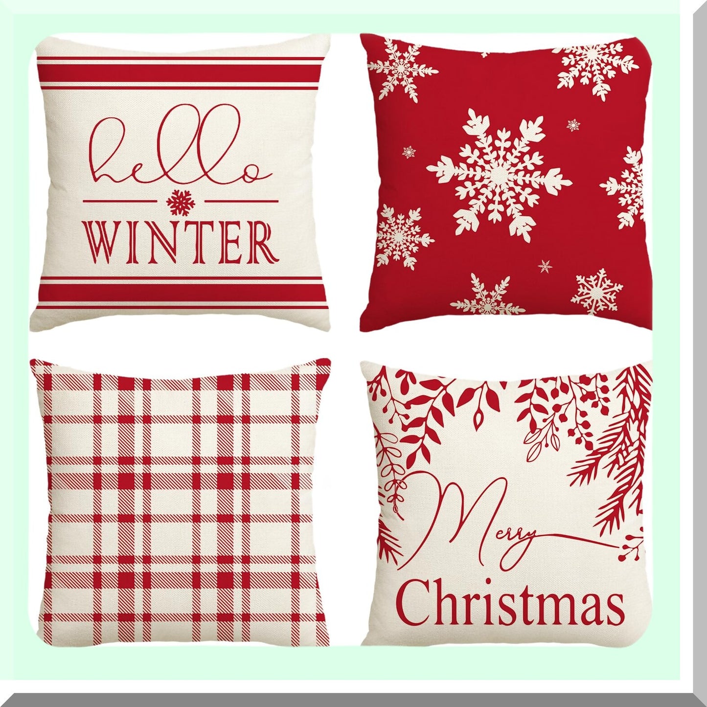 Winter Wonderland Plaid Snowflake Pillow Covers - Set of 4 - Festive Holiday Cushion Cases for Sofa Couch - 18 x 18 Inch Red Throw Pillows