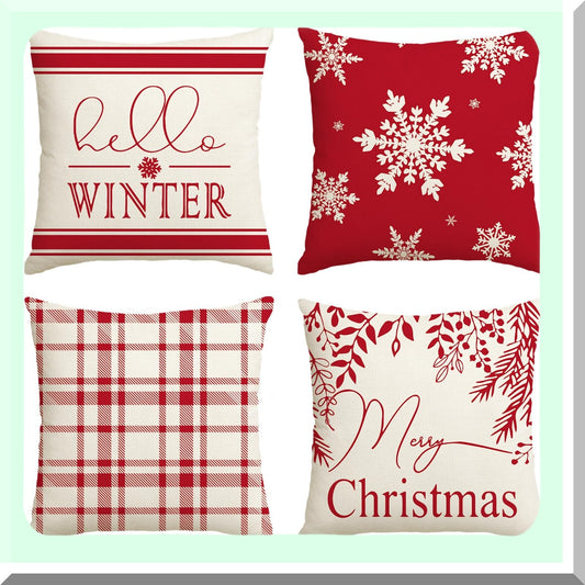 Winter Wonderland Plaid Snowflake Pillow Covers - Set of 4 - Festive Holiday Cushion Cases for Sofa Couch - 18 x 18 Inch Red Throw Pillows