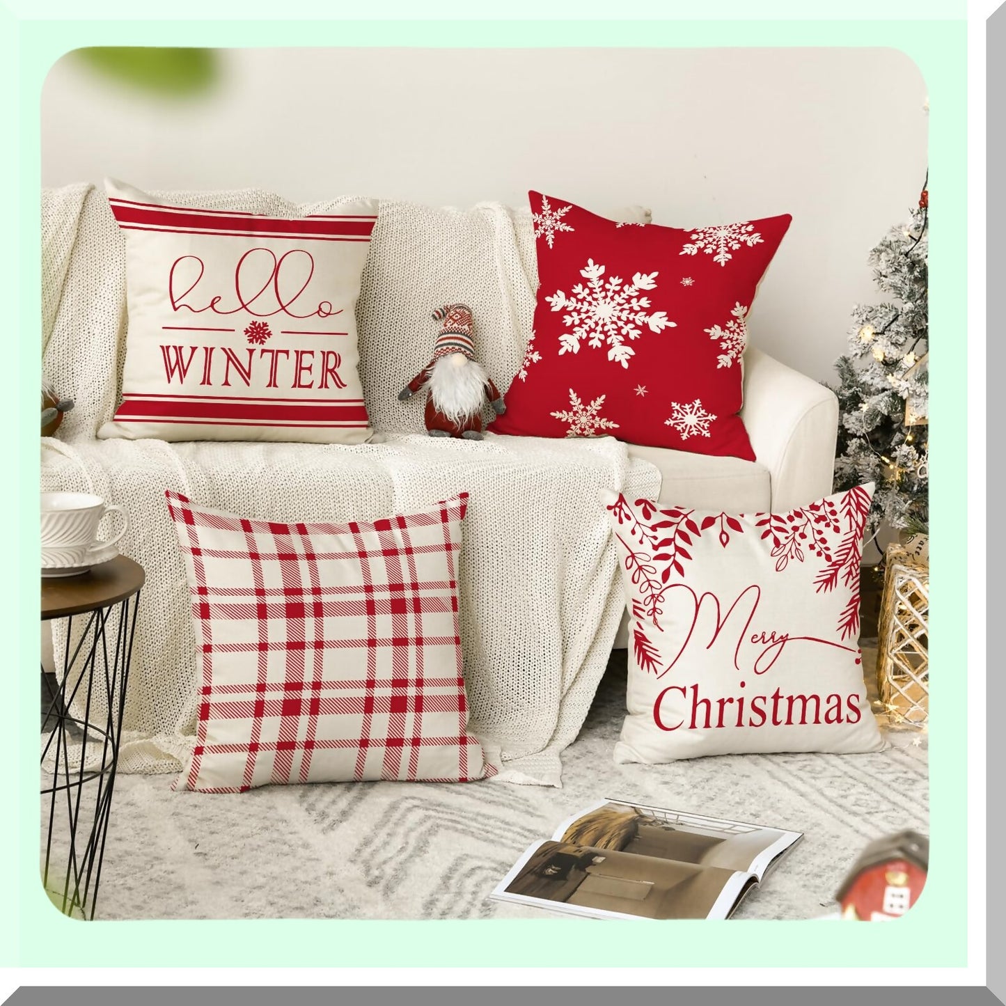 Winter Wonderland Plaid Snowflake Pillow Covers - Set of 4 - Festive Holiday Cushion Cases for Sofa Couch - 18 x 18 Inch Red Throw Pillows