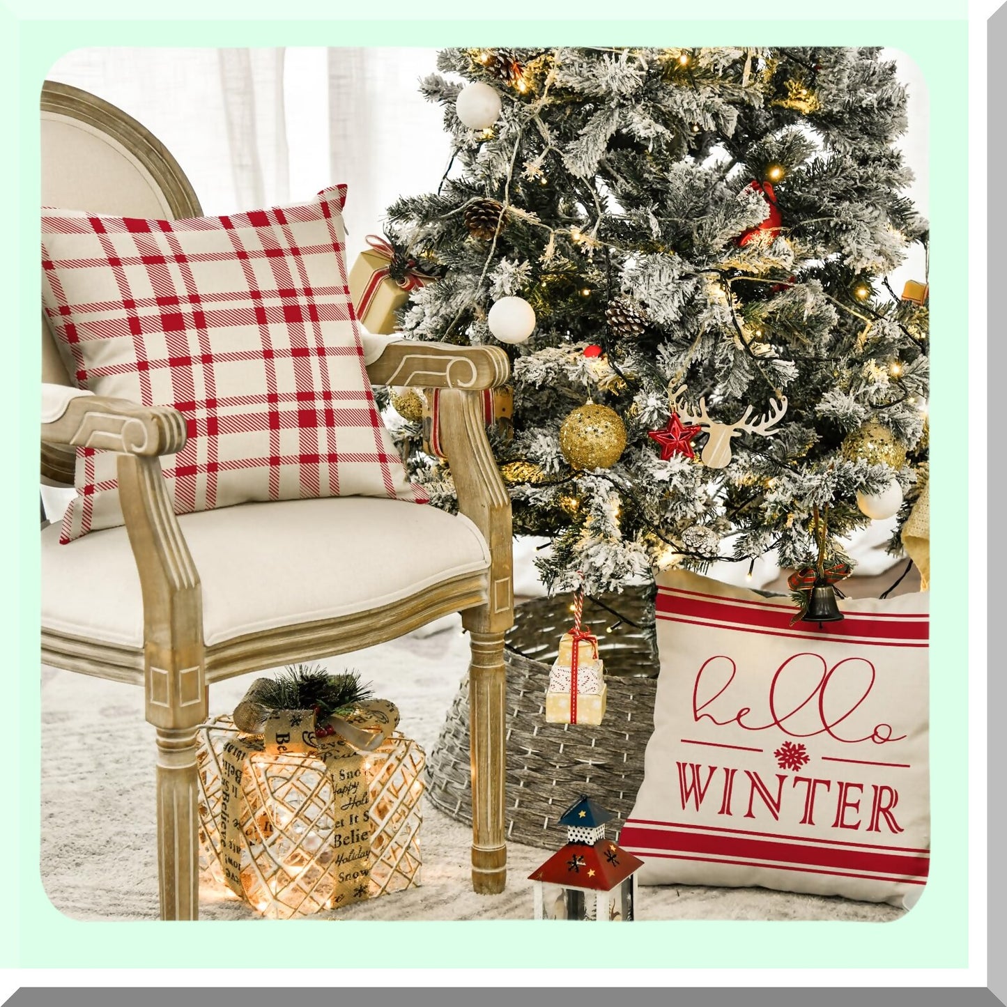 Winter Wonderland Plaid Snowflake Pillow Covers - Set of 4 - Festive Holiday Cushion Cases for Sofa Couch - 18 x 18 Inch Red Throw Pillows