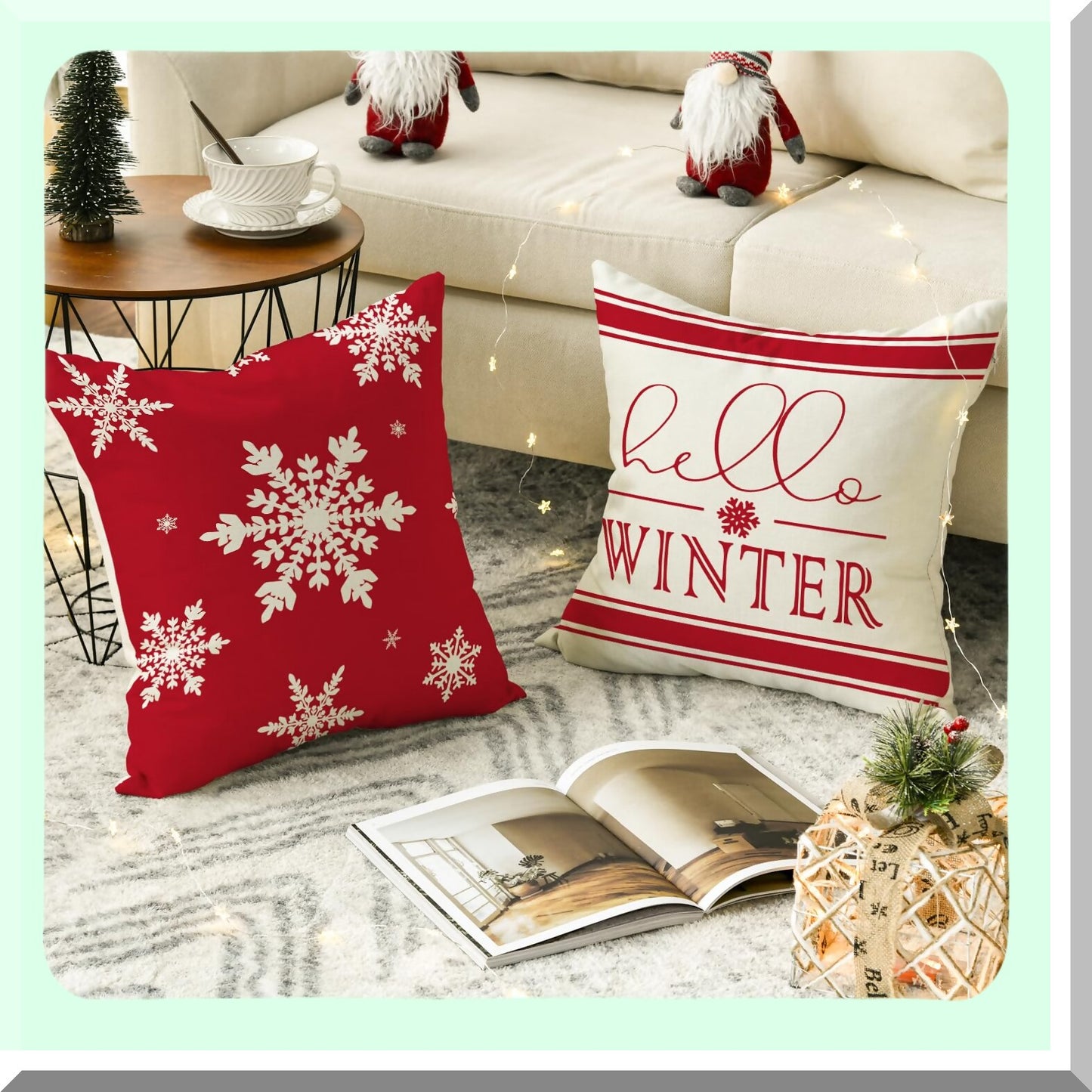 Winter Wonderland Plaid Snowflake Pillow Covers - Set of 4 - Festive Holiday Cushion Cases for Sofa Couch - 18 x 18 Inch Red Throw Pillows