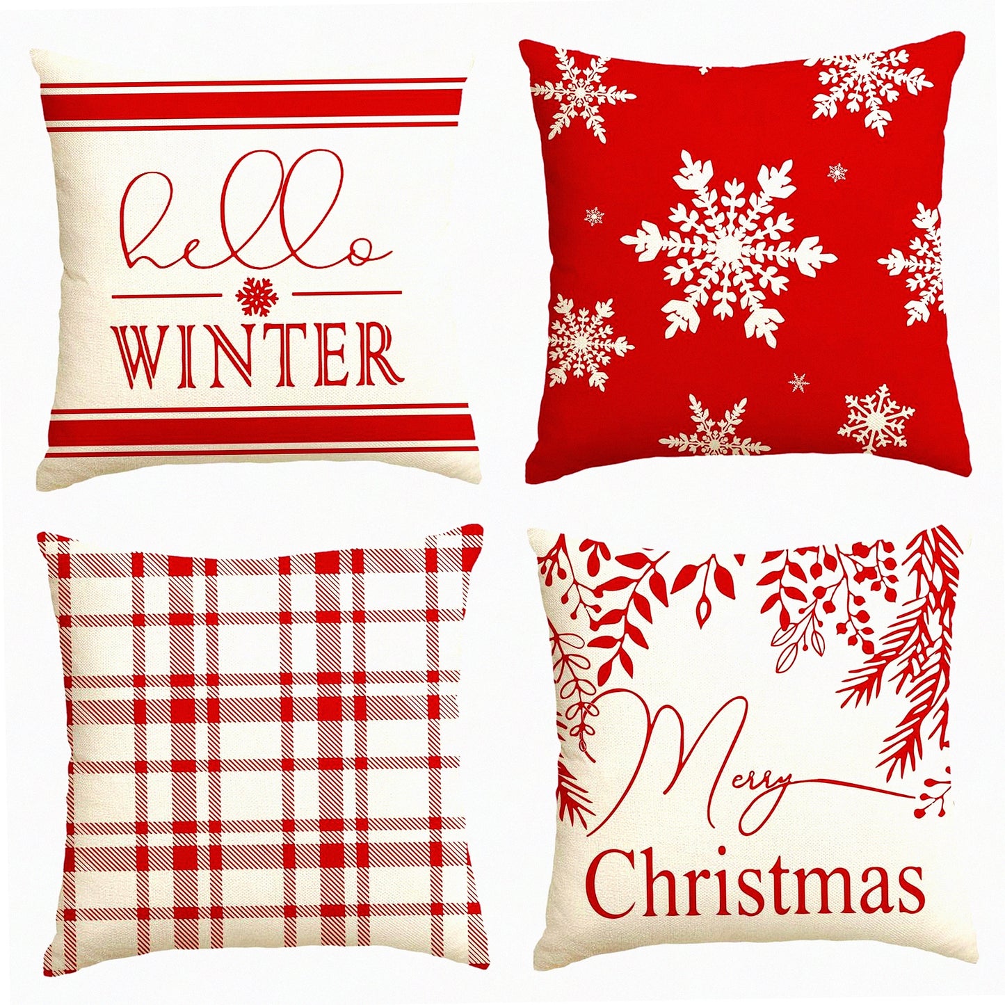 Winter Wonderland Plaid Snowflake Pillow Covers - Set of 4 - Festive Holiday Cushion Cases for Sofa Couch - 18 x 18 Inch Red Throw Pillows