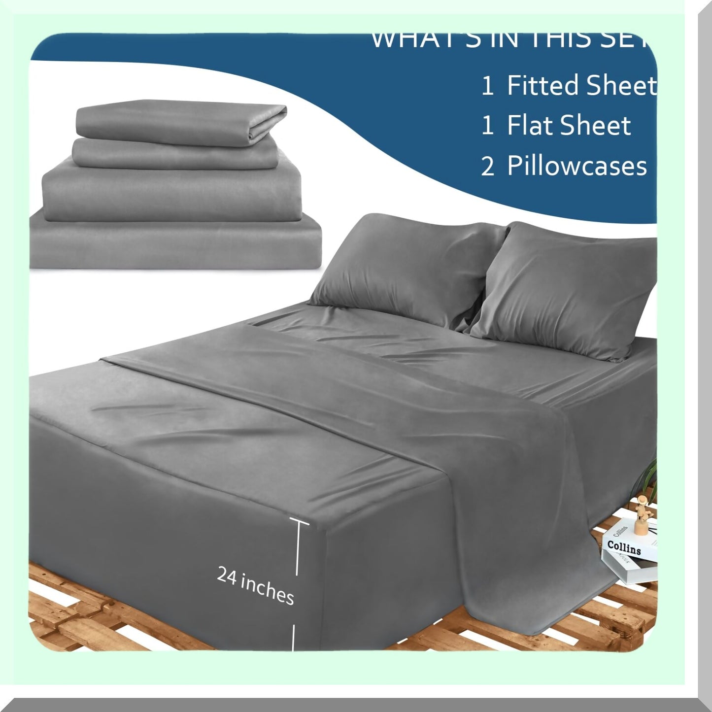 DeepSleep Queen Air Mattress Sheet Set - 4 Piece Bed Sheets for Queen Size Air Beds - Deep Pocket, Fade Resistant, Grey - Fits 16in to 24in Pillow Top Mattresses