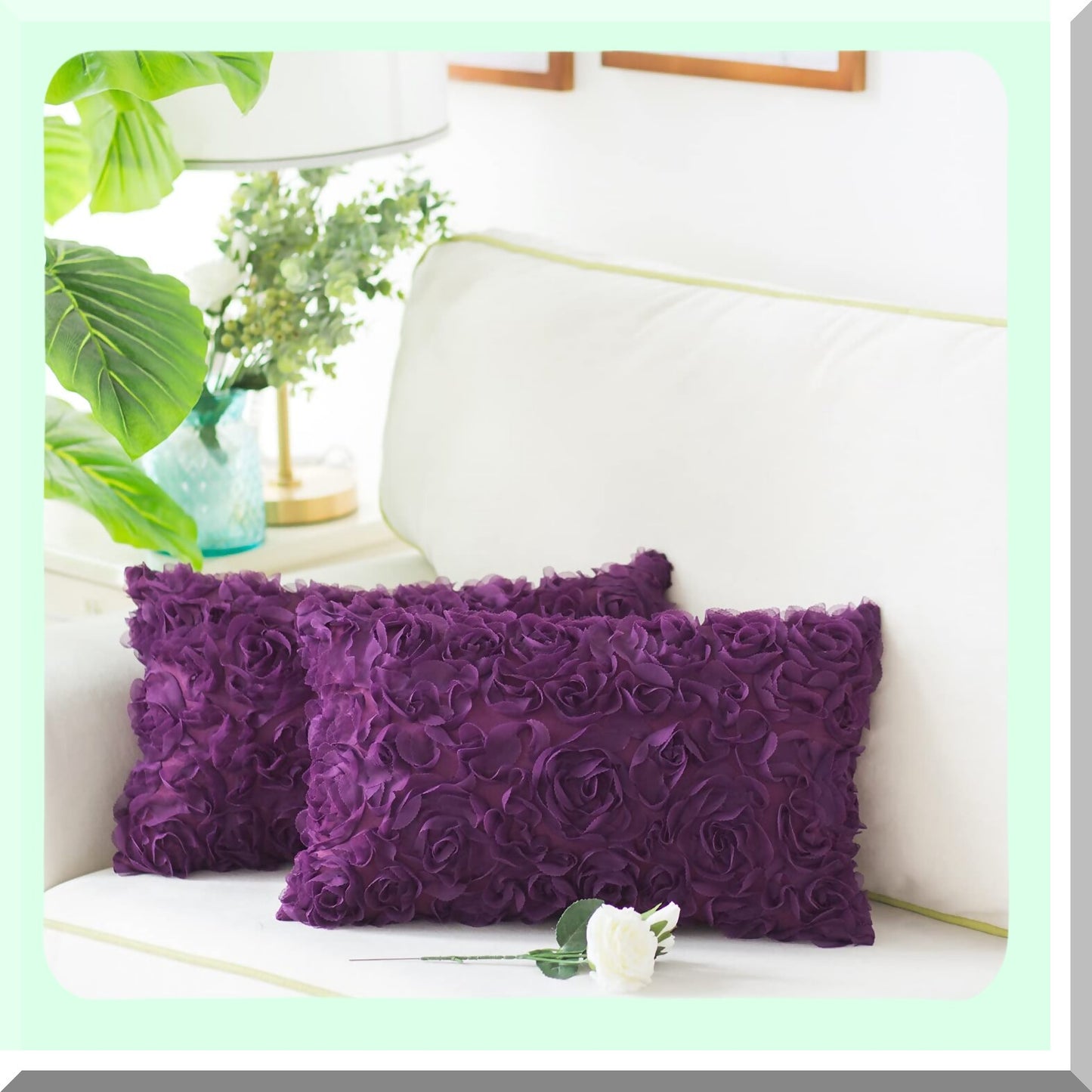 Stereo Rose Flower Decorative Pillow Cases - Pack of 2 Solid 3D Chiffon Cushion Covers for Couch Sofa Bedroom - Purple 12 X 20 Inches